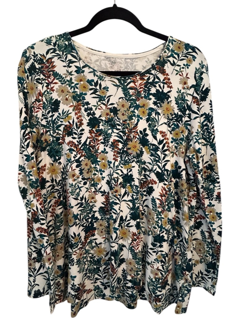 J.Jill Green Floral Cotton Crewneck Long Sleeve Top Size Large